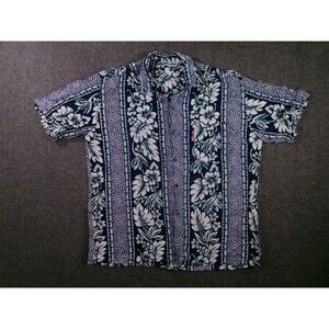 Samson Shirt Mens L Blue Hawaiian Aloha Floral Tropical Button Up Casual Rayon